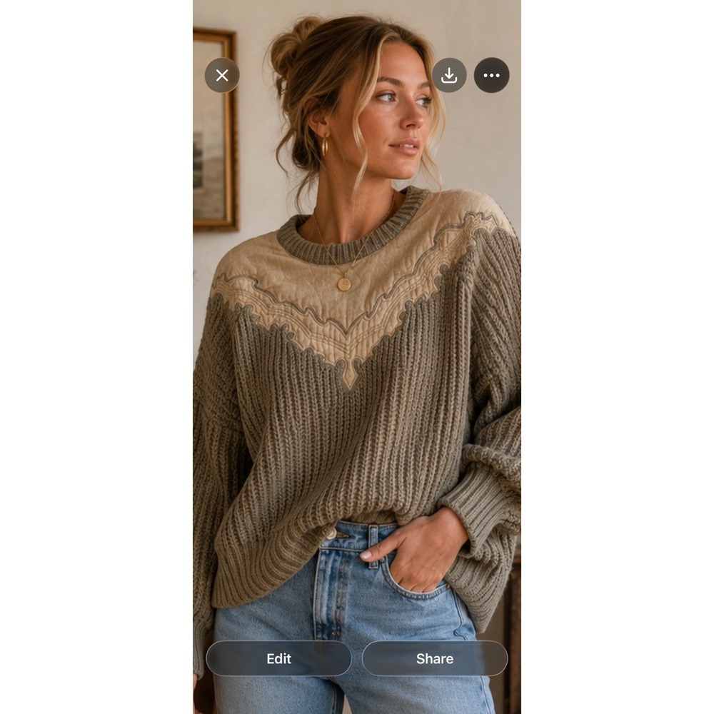 Vintage Together! Chunky Knit Sweater Western‎ Yoke Green Beige S